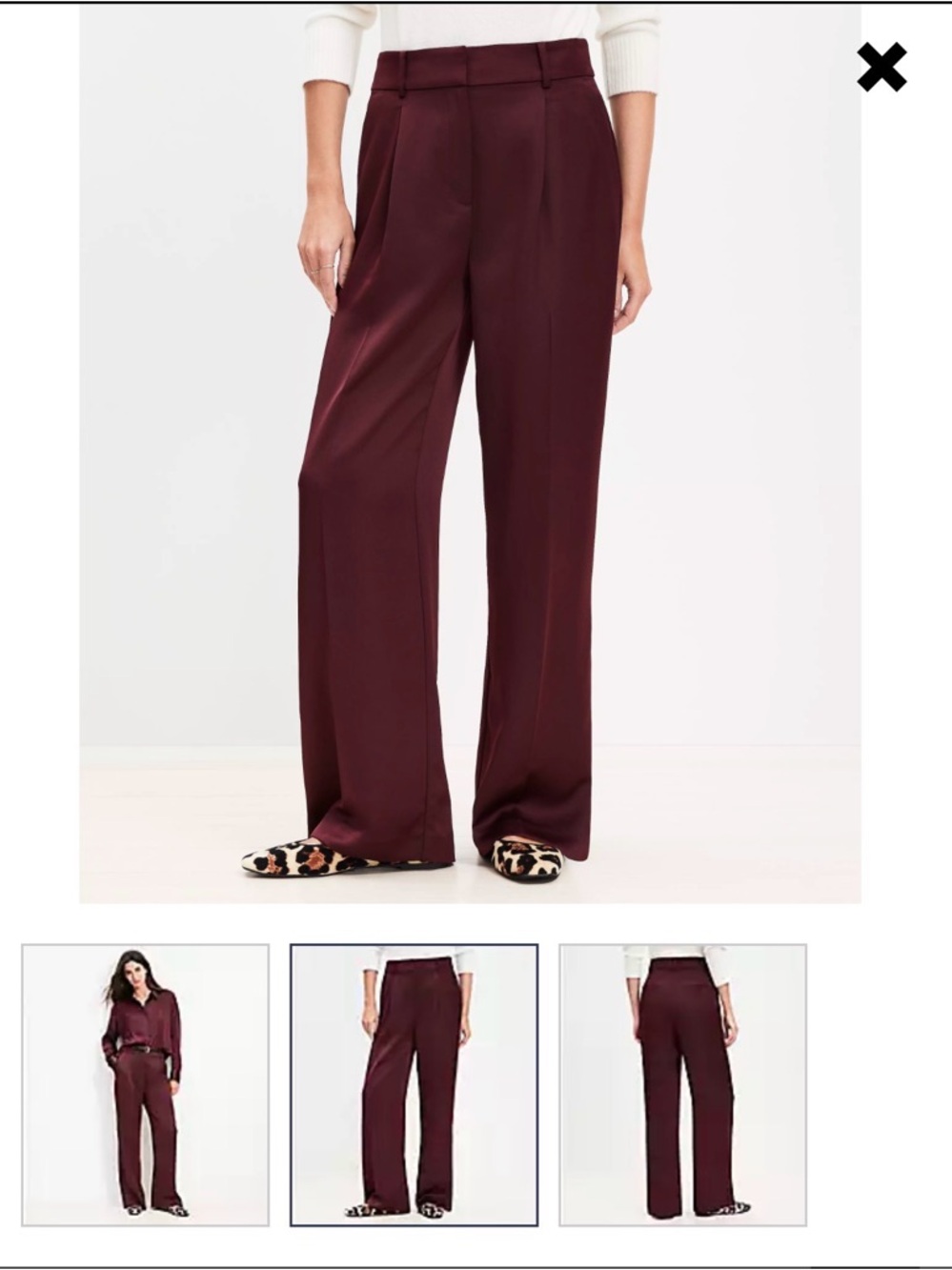 Loft Wide-Leg Satin Trousers in Burgundy